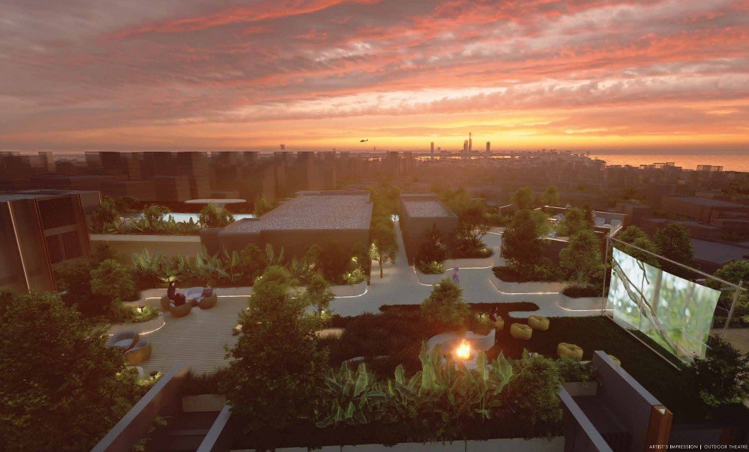 Luxury rooftop sky pool with aqua deck and panoramic city view