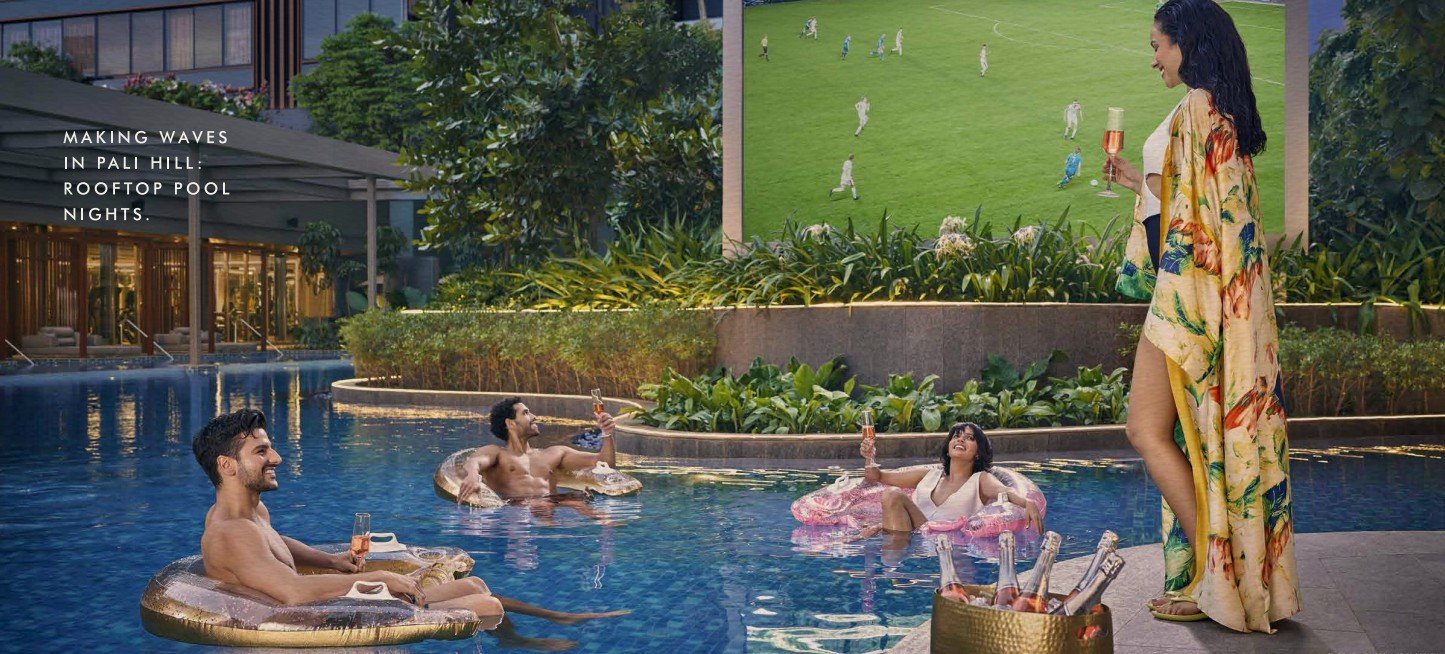 Luxury swimming pool with elegant residential backdrop in Bandra West