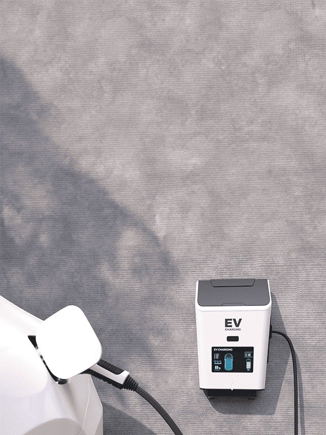 Luxury residential tower with modern EV charging stations and rooftop view