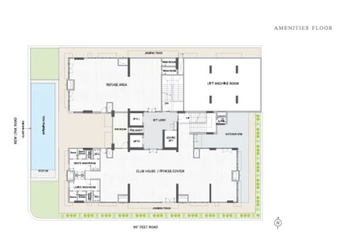 Luxury 3 & 4 BHK residence floor plan with rooftop amenities and spacious layouts.